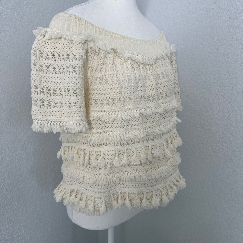 Love Sam Crochet Off Shoulder Fringe‎ Trim Top Blouse Bohemian Cream Size Small
